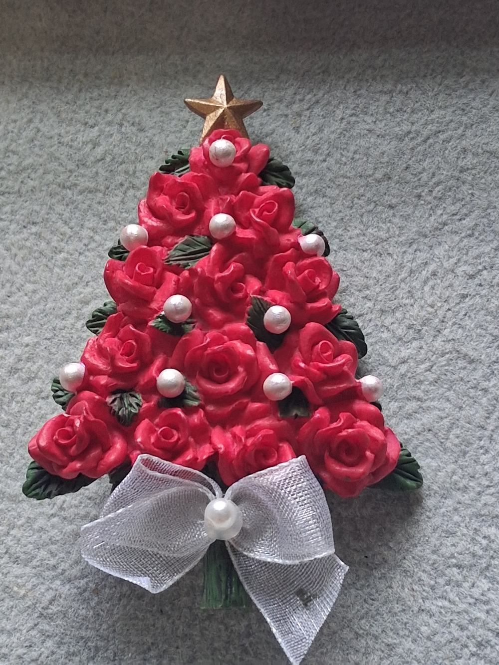 Red Rose Christmas Tree Ornament with Pearls and Silver Bow